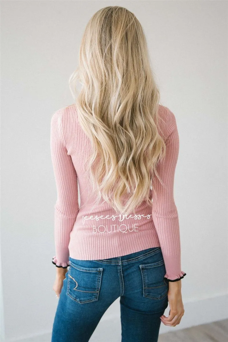 Adorable Pink Ruffle Neck Sweater