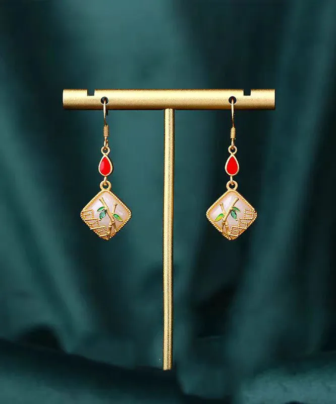 Art Gold Copper Overgild Inlaid Jade Gem Stone Bamboo Leaf Drop Earring KX1090