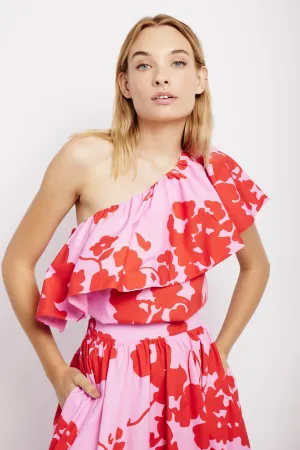 Asymetrical Frill Top in Red and Pink Floral