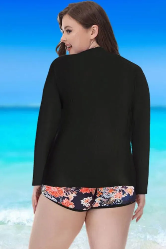 Black Long Sleeve Zip-up Jacket 3pcs Tankini Set