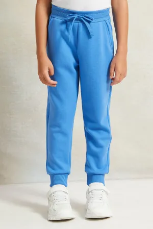 Boys Blue Solid Cotton Active Pants