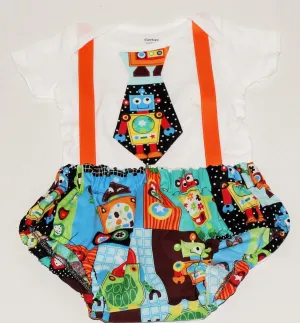 Boys cake smash outfit, robots bodysuit, robots outfit, Robot shirt Photo Prop, Cake Smash, Birthday outfit, robot tie and orange suspenders