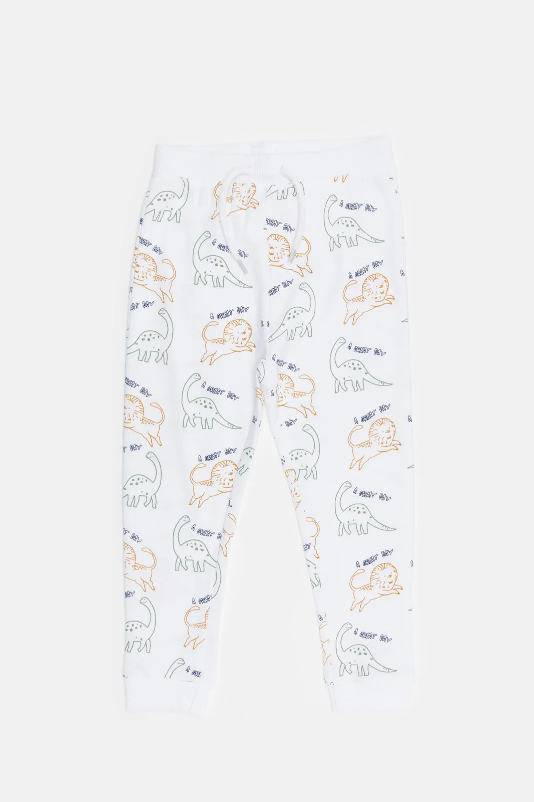 Boys White Dino And Lion Printed Active Pants