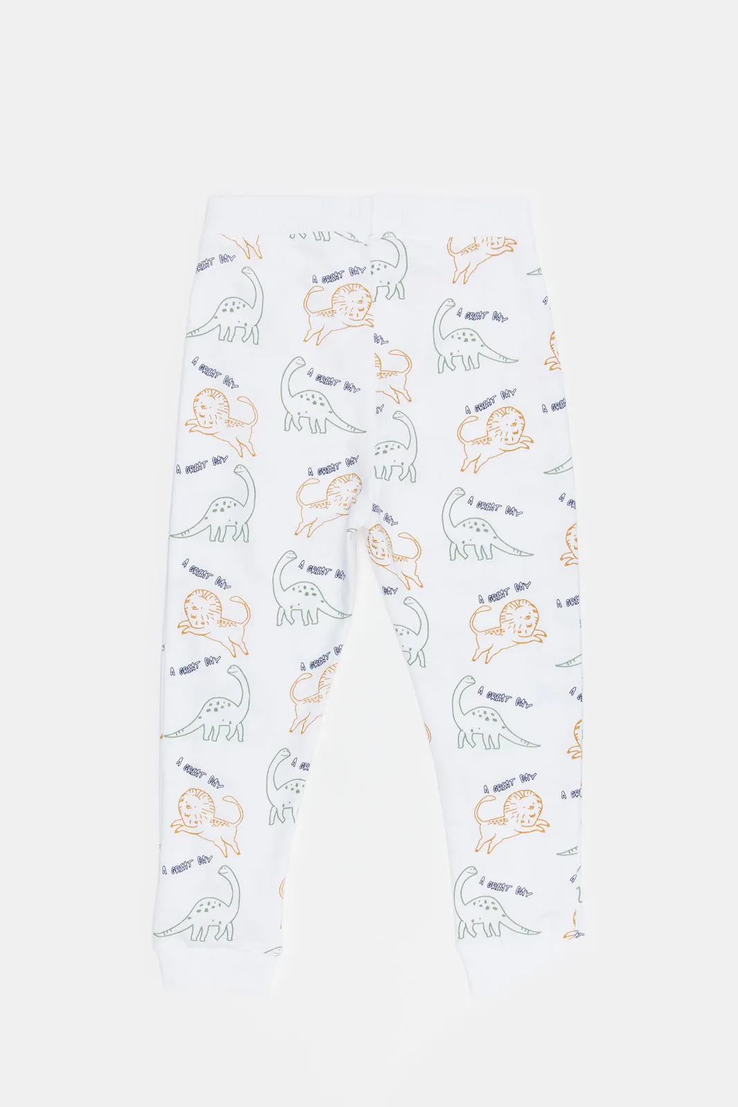 Boys White Dino And Lion Printed Active Pants