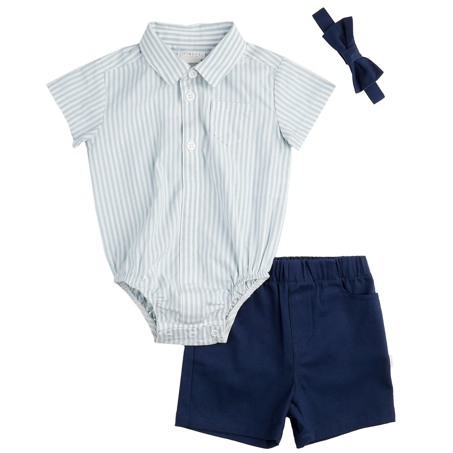 Celestial Blue Yarn-Dyed Striped Poplin Shirt   Short Set with Bowtie