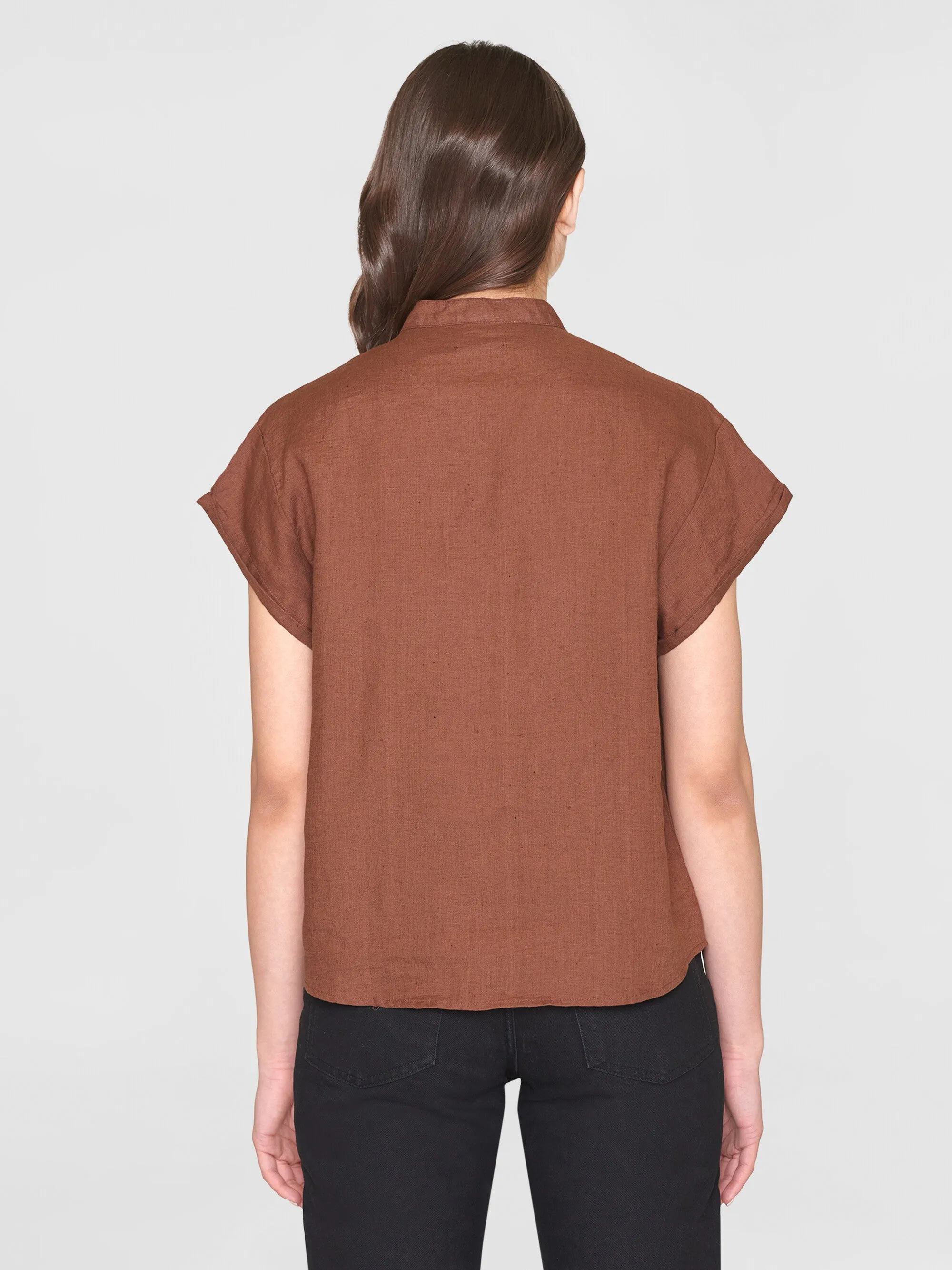 Collar stand short sleeve linen shirt - Tiramisu