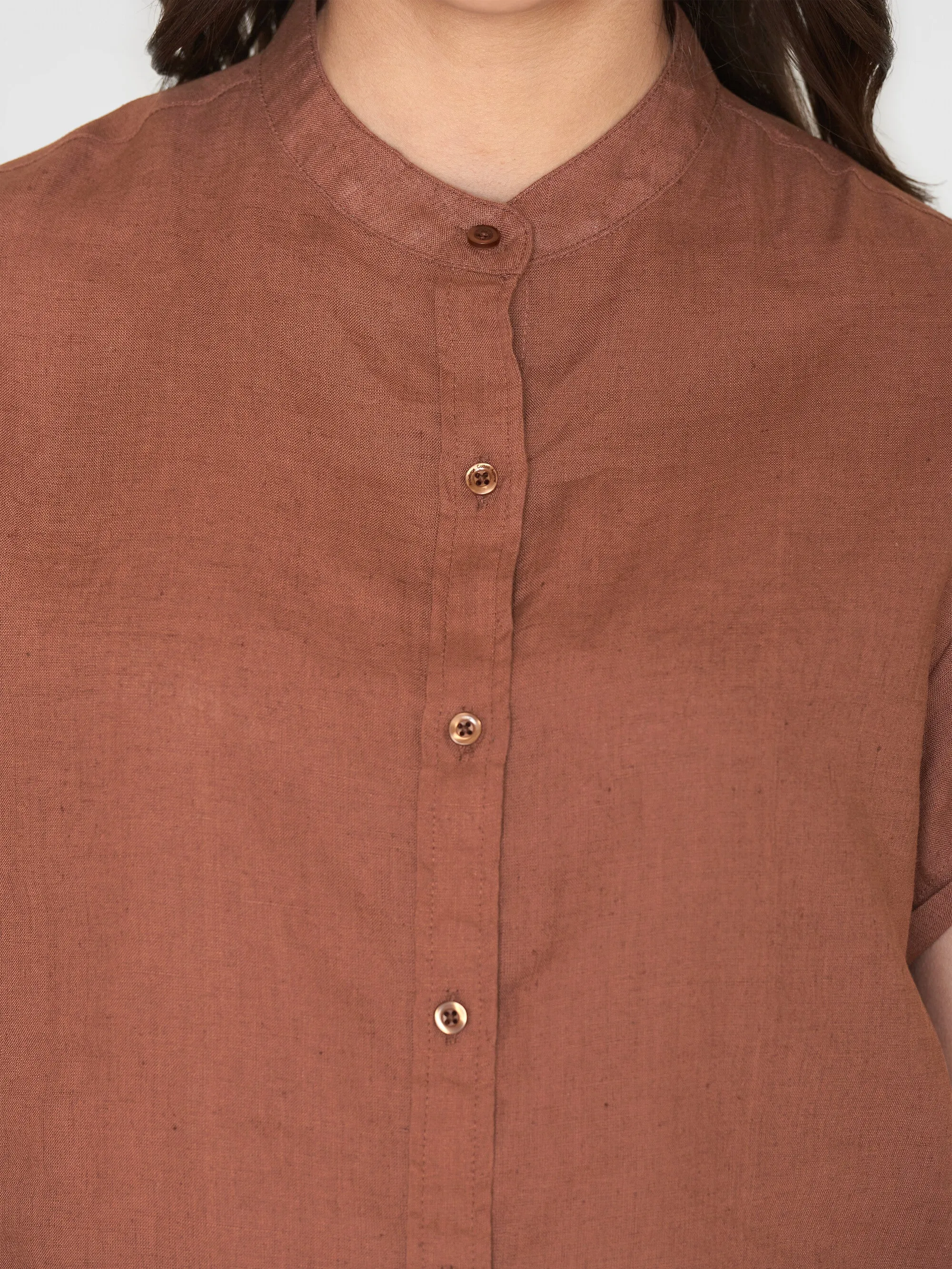 Collar stand short sleeve linen shirt - Tiramisu