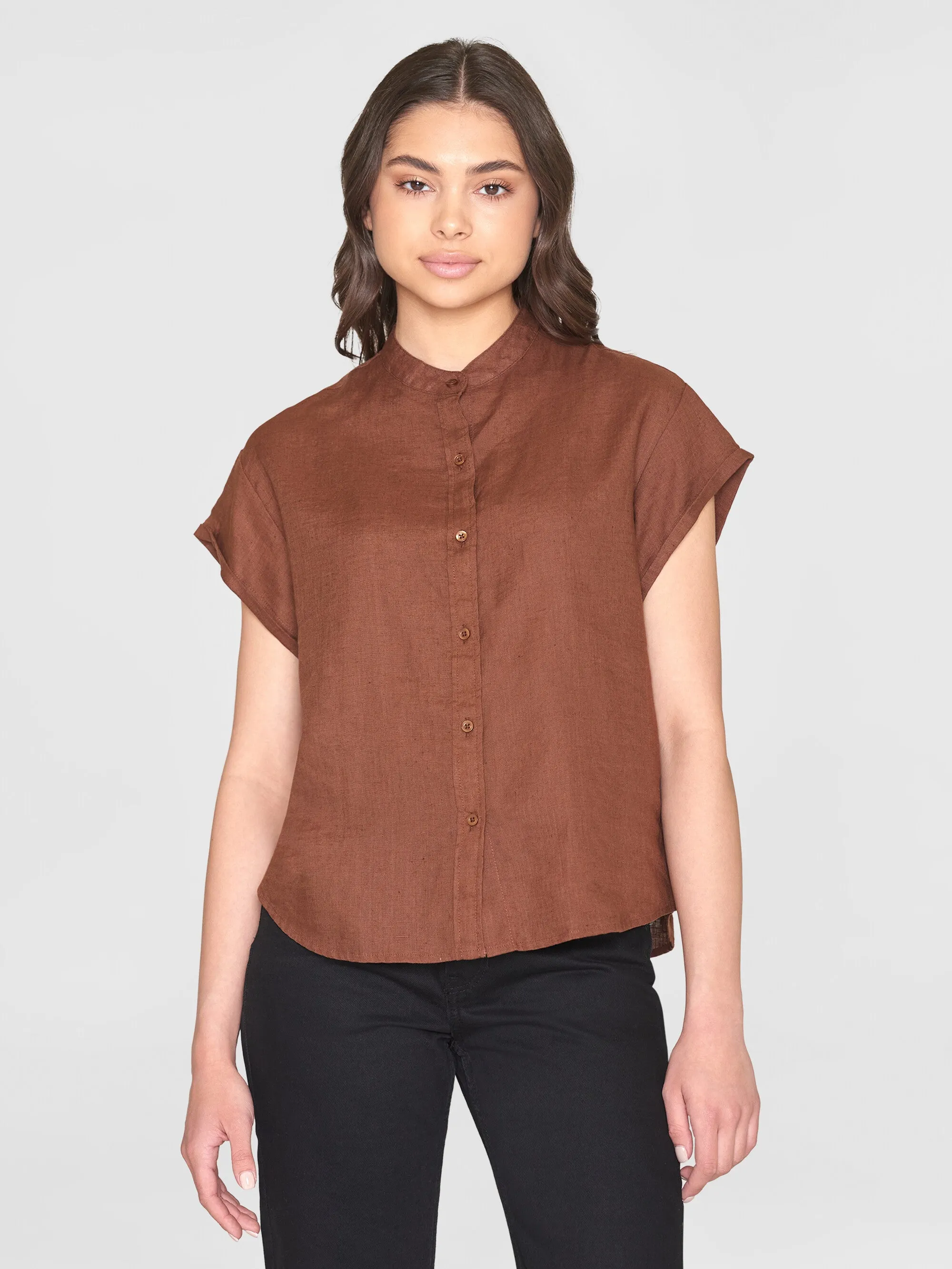 Collar stand short sleeve linen shirt - Tiramisu