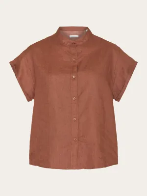 Collar stand short sleeve linen shirt - Tiramisu