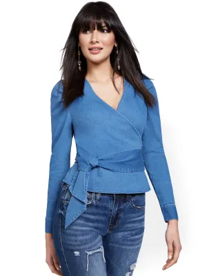 Denim Puff-Sleeve Wrap Top