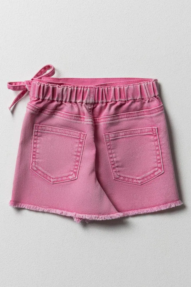 Denim Skorts With Tie Pink