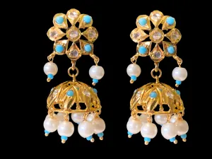 DER347 Turquoise  jhumka in flower tops ( READY TO SHIP)