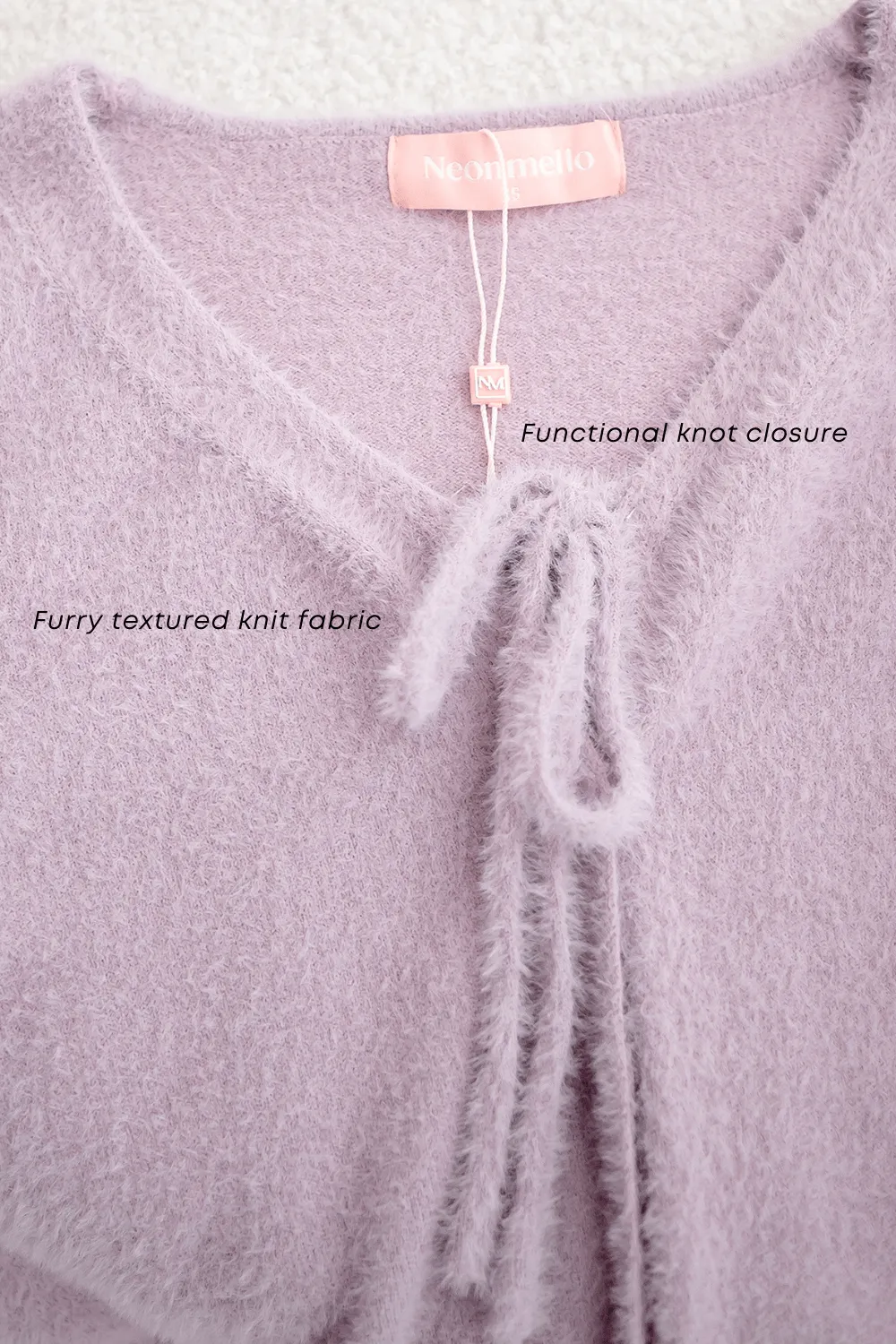 ELIZ BOW FURRY CARDIGAN IN ALMOND