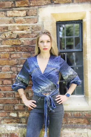 Ella -  Blue Goldy Print Satin Blouse with 34 Sleeves