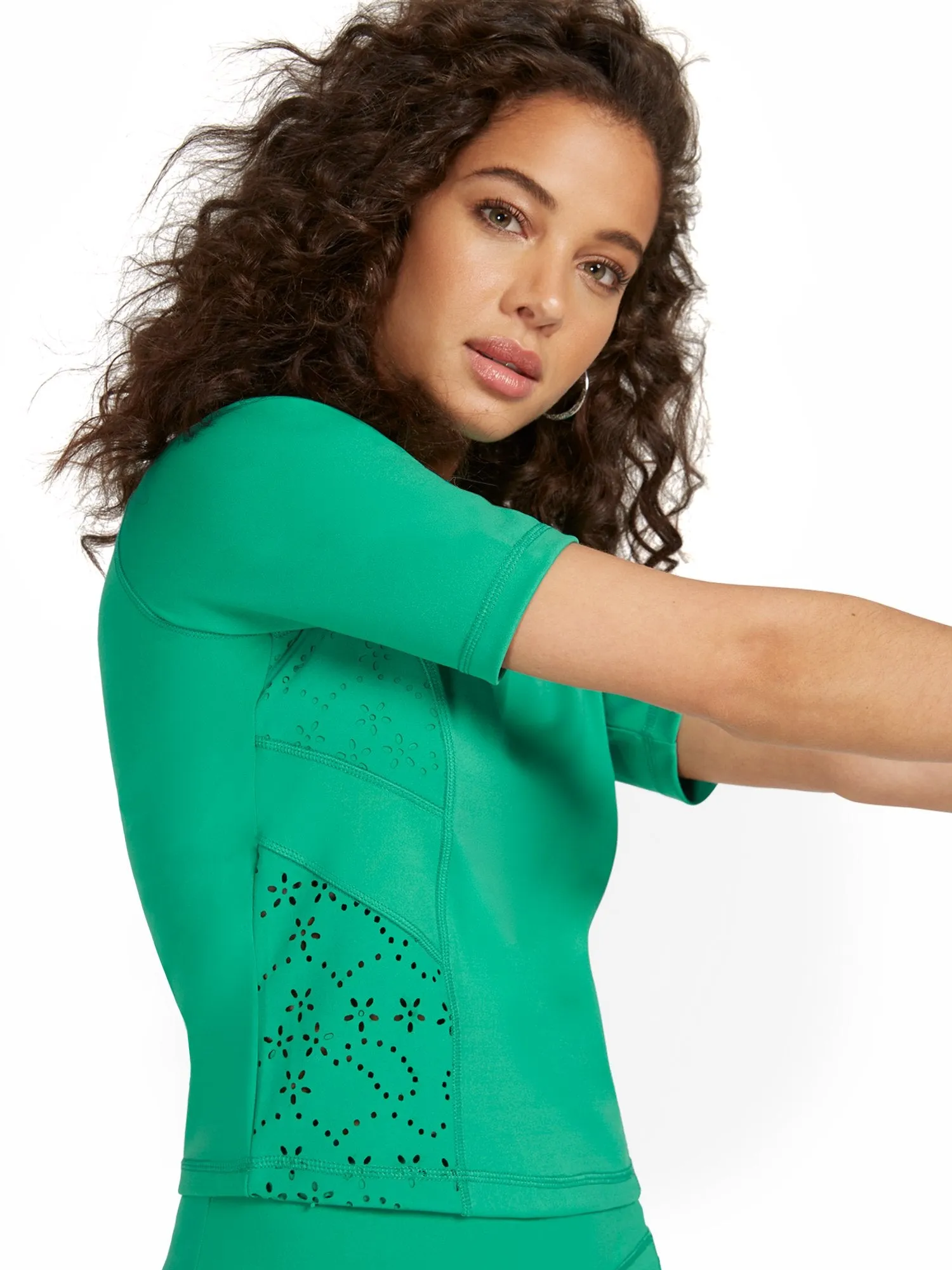 Eyelet Elbow-Sleeve Yoga Top