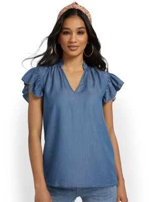 Flutter-Sleeve V-Neck Top - Blue Angel Wash