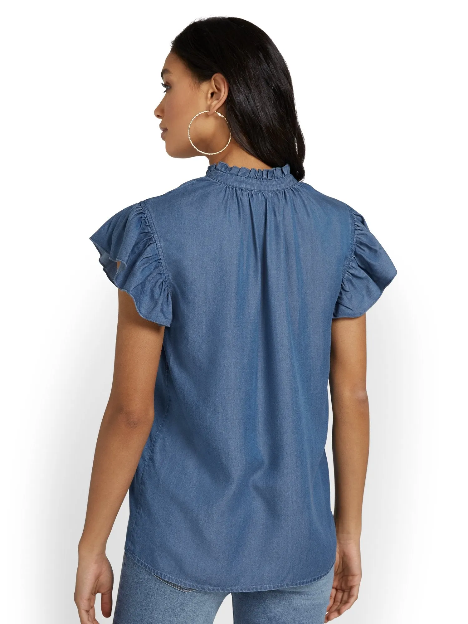 Flutter-Sleeve V-Neck Top - Blue Angel Wash