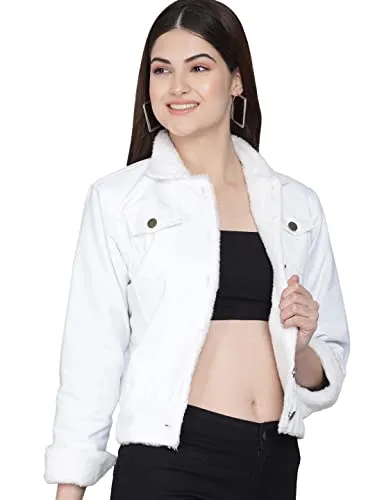 FUNDAY FASHION Cotton Blend Women's Blouson Fur Jacket (Medium, White)