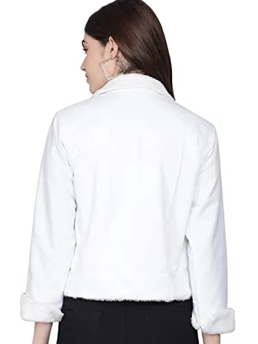 FUNDAY FASHION Cotton Blend Women's Blouson Fur Jacket (Medium, White)