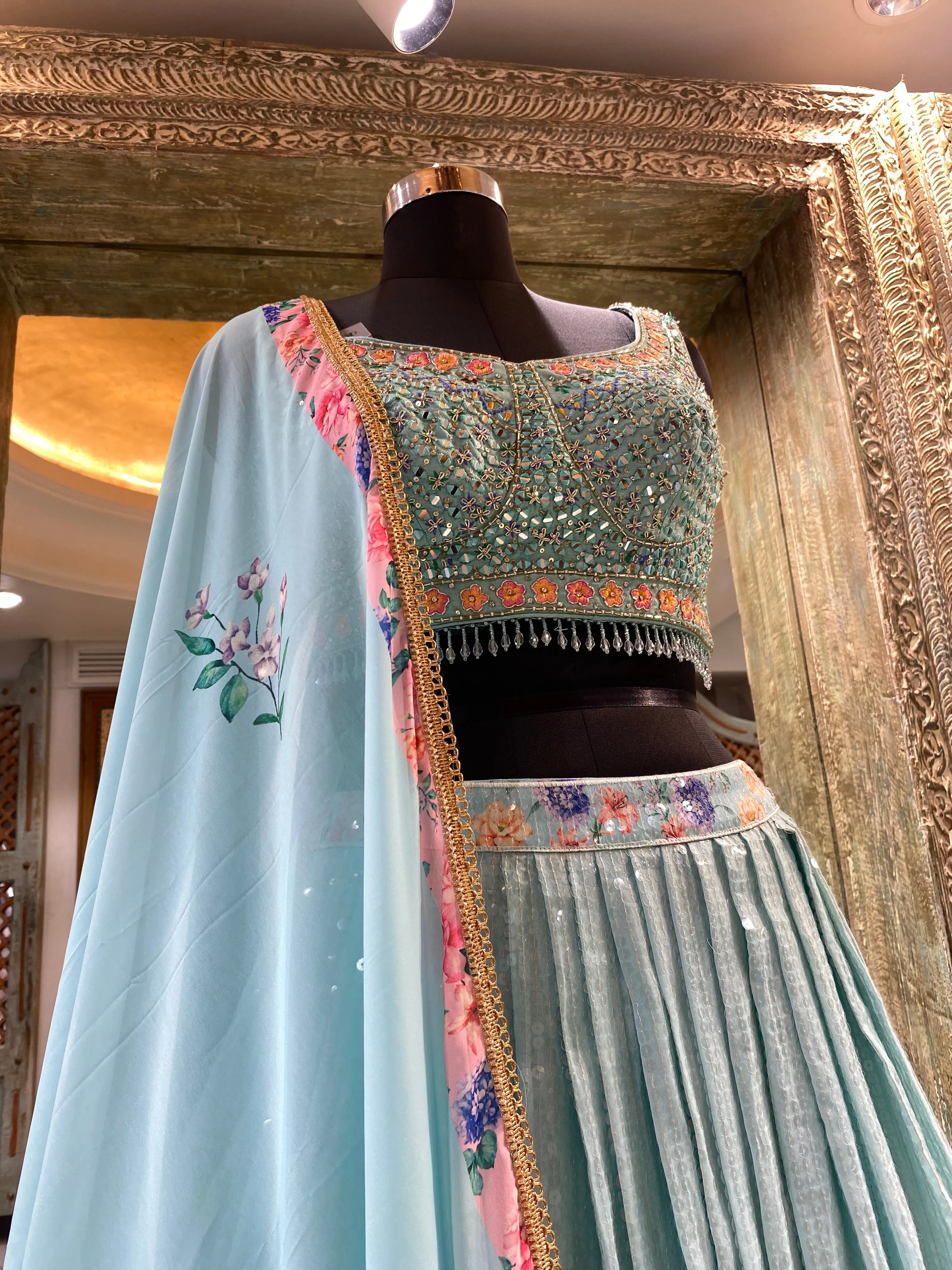 Georgette Floral Lehenga With Sequins, Thread, Mirror and Zardozi Work