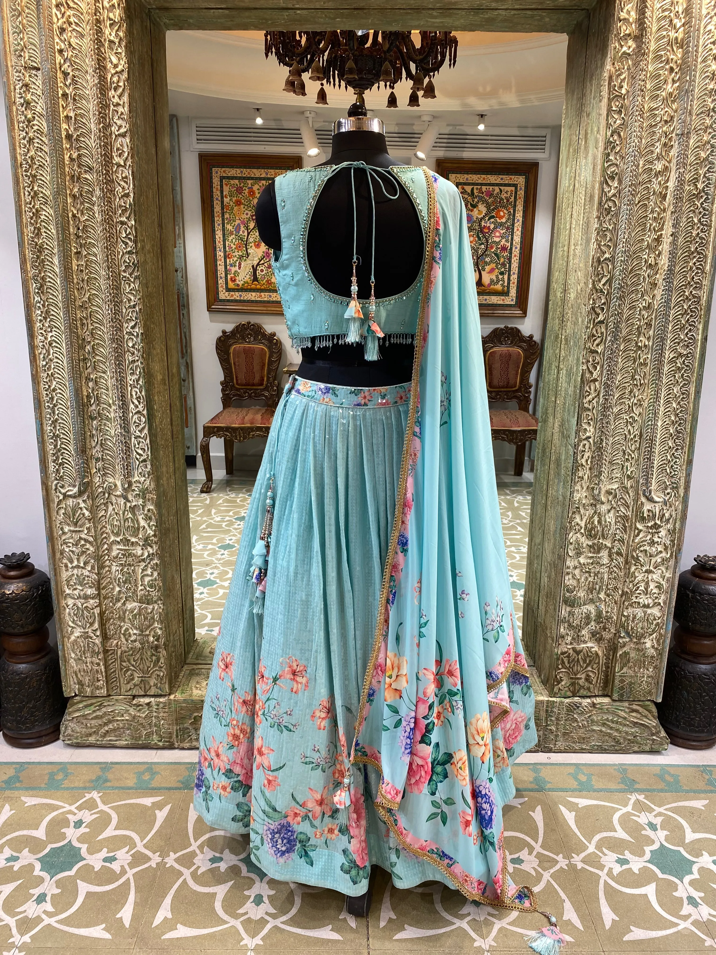 Georgette Floral Lehenga With Sequins, Thread, Mirror and Zardozi Work