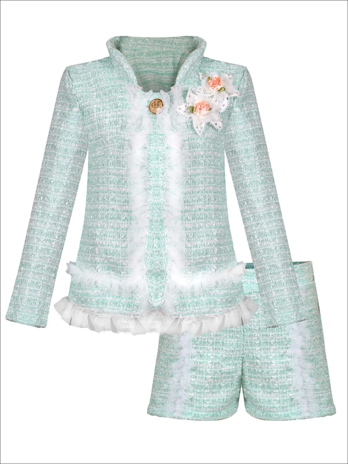 Girls Preppy Flower Trim Ruffled Jacket And Short Set