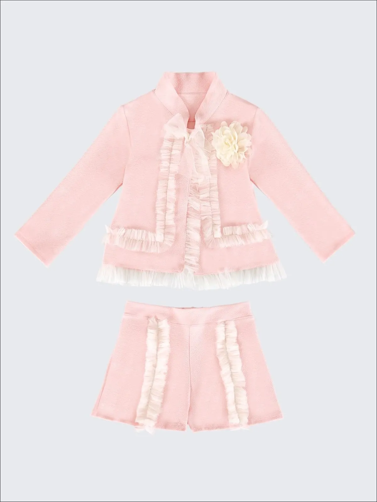 Girls Preppy Flower Trim Ruffled Jacket And Short Set