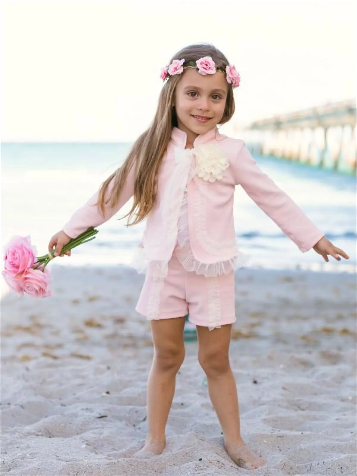 Girls Preppy Flower Trim Ruffled Jacket And Short Set