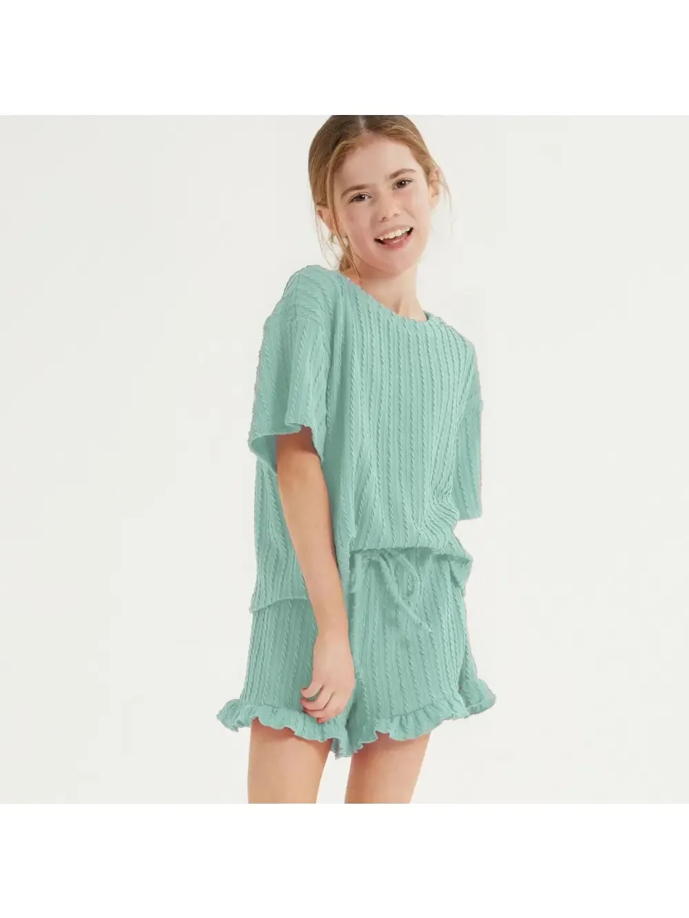 Good Girl Embossed Knit Ruffle Girls Short Set