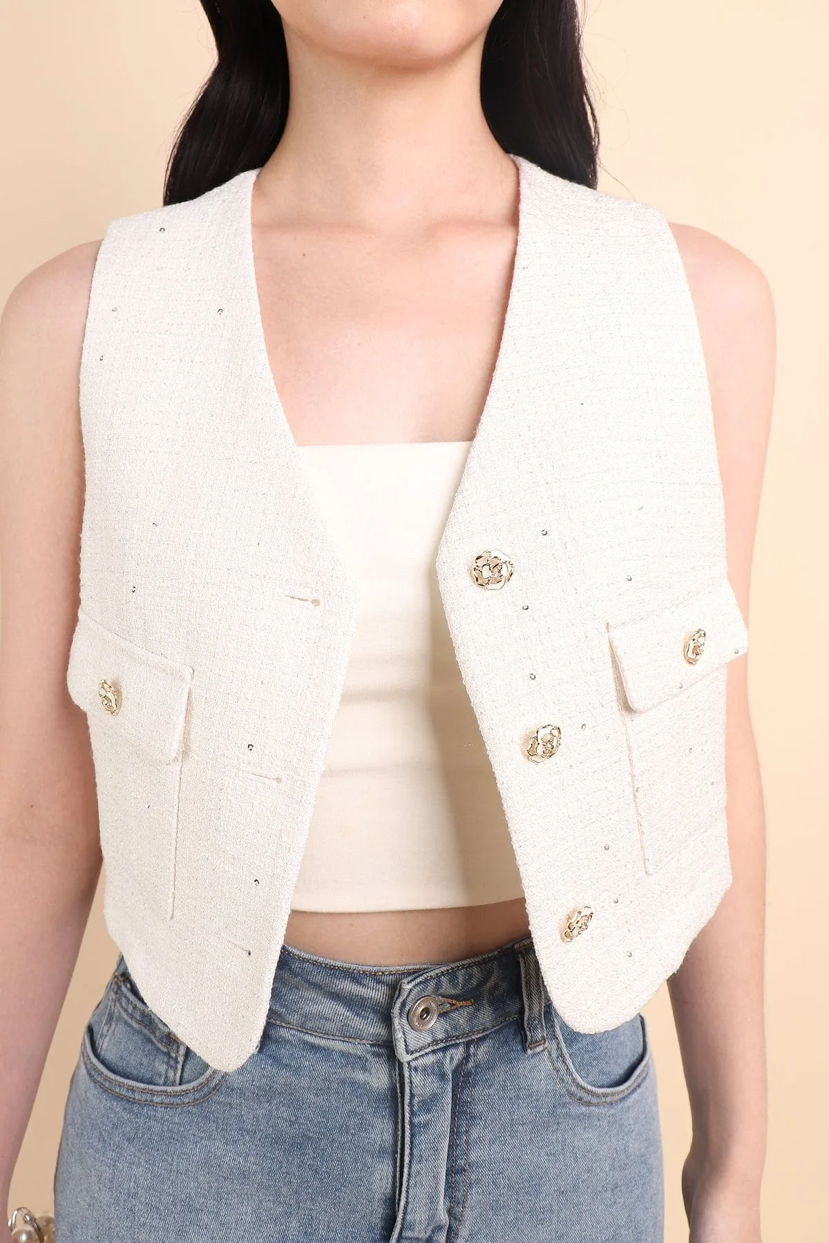 KELLIE TWEED VEST TOP IN CREAM WHITE