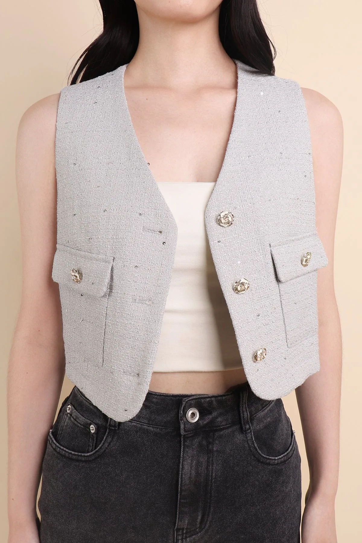 KELLIE TWEED VEST TOP IN GREY