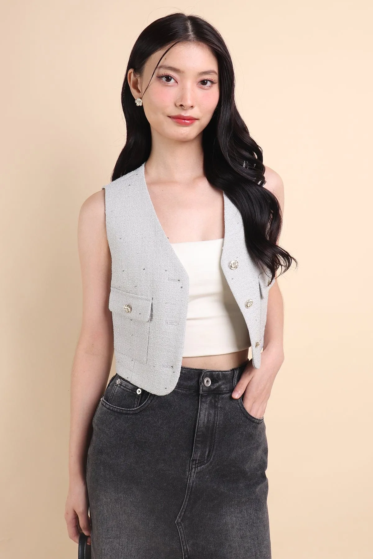 KELLIE TWEED VEST TOP IN GREY