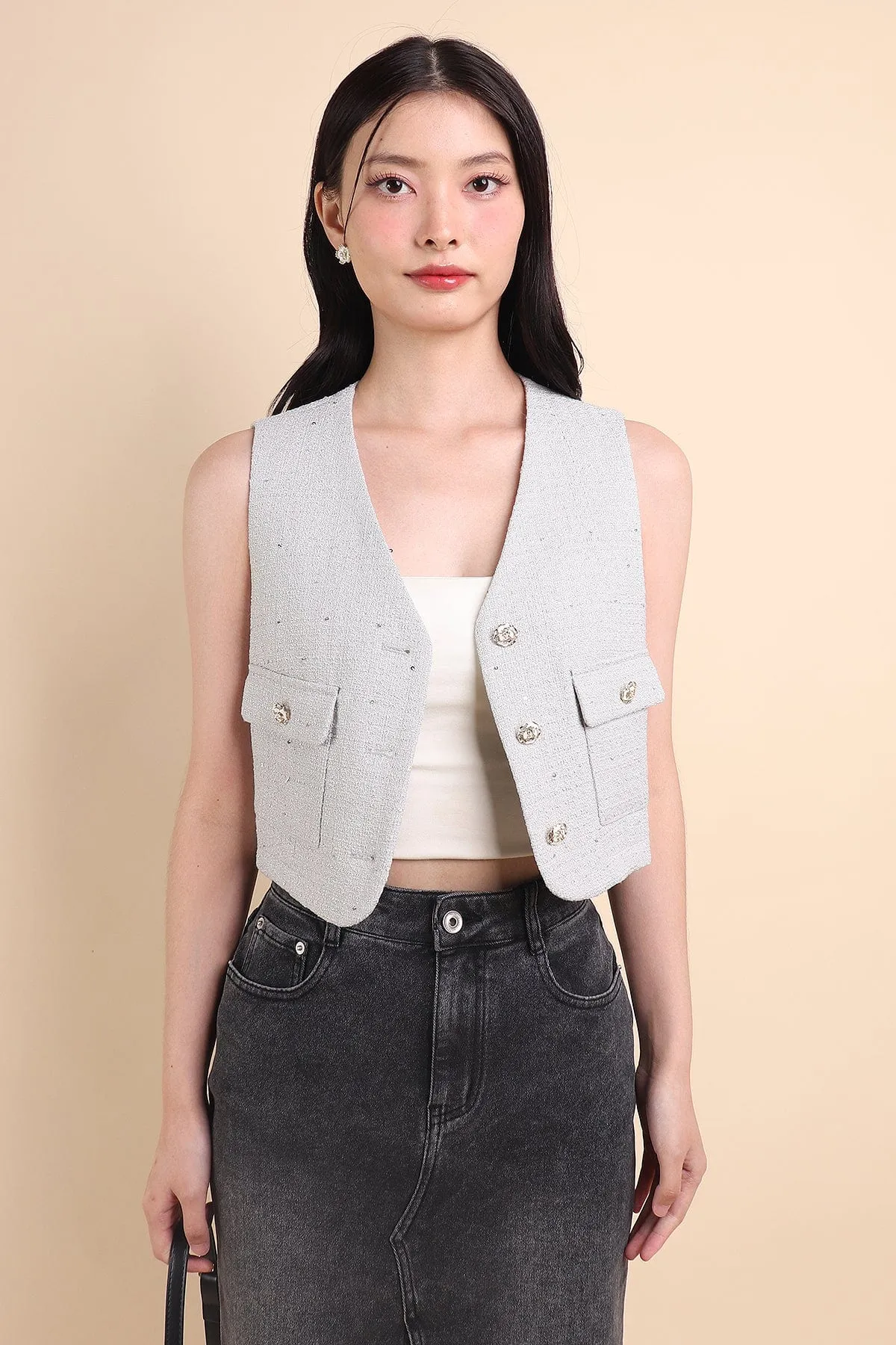 KELLIE TWEED VEST TOP IN GREY