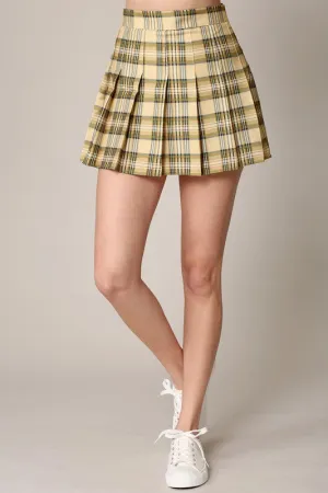 Khaki Plaid High Waist Pleated Skater Skirt With Lining Shorts