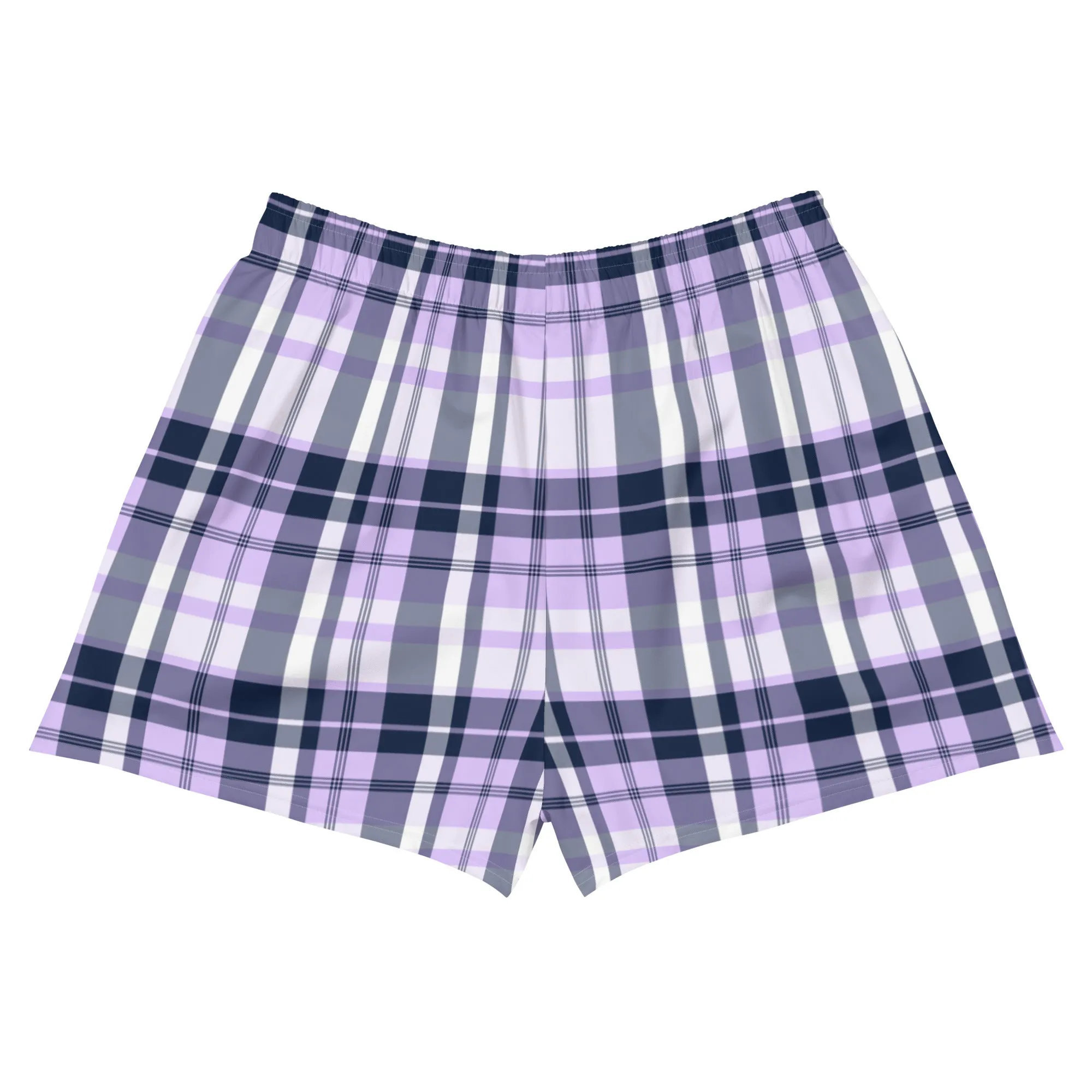 Lavender and Navy Blue Preppy Plaid Women's Athletic Swim Shorts