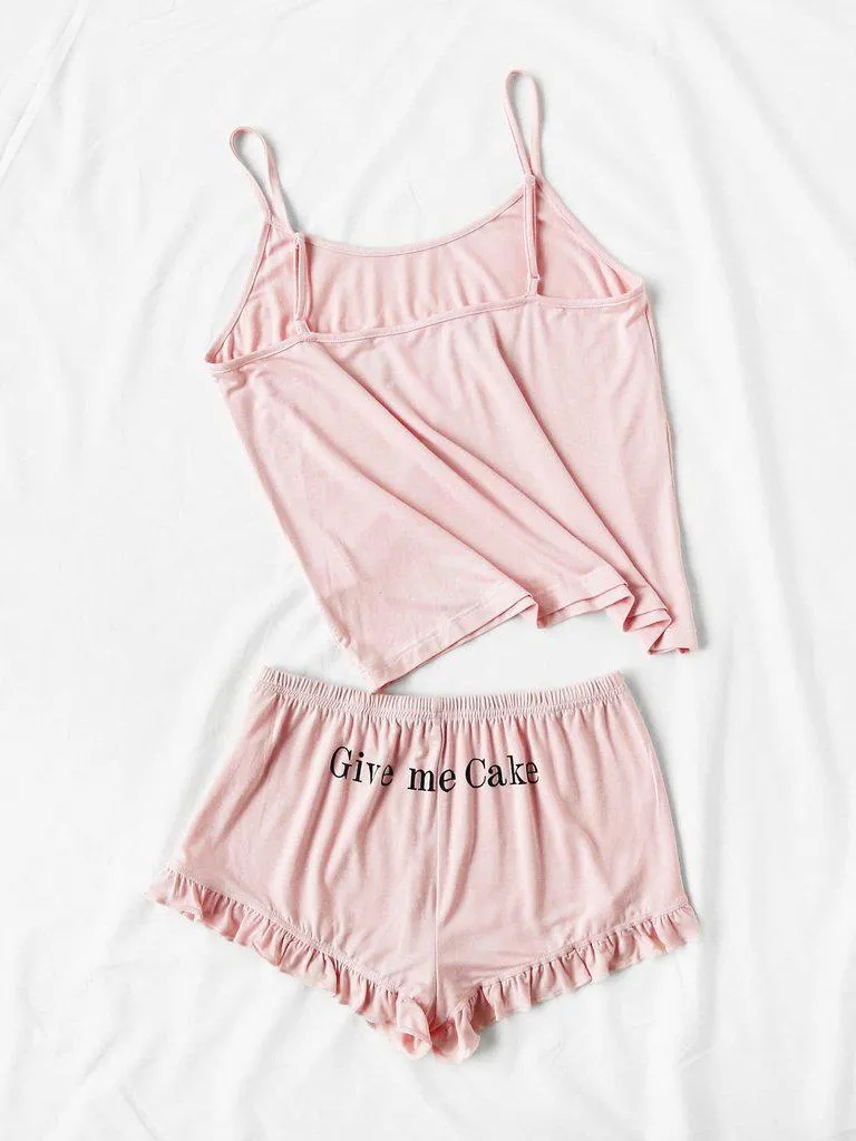 Letter Print Cami And Ruffle Shorts Pajama Set