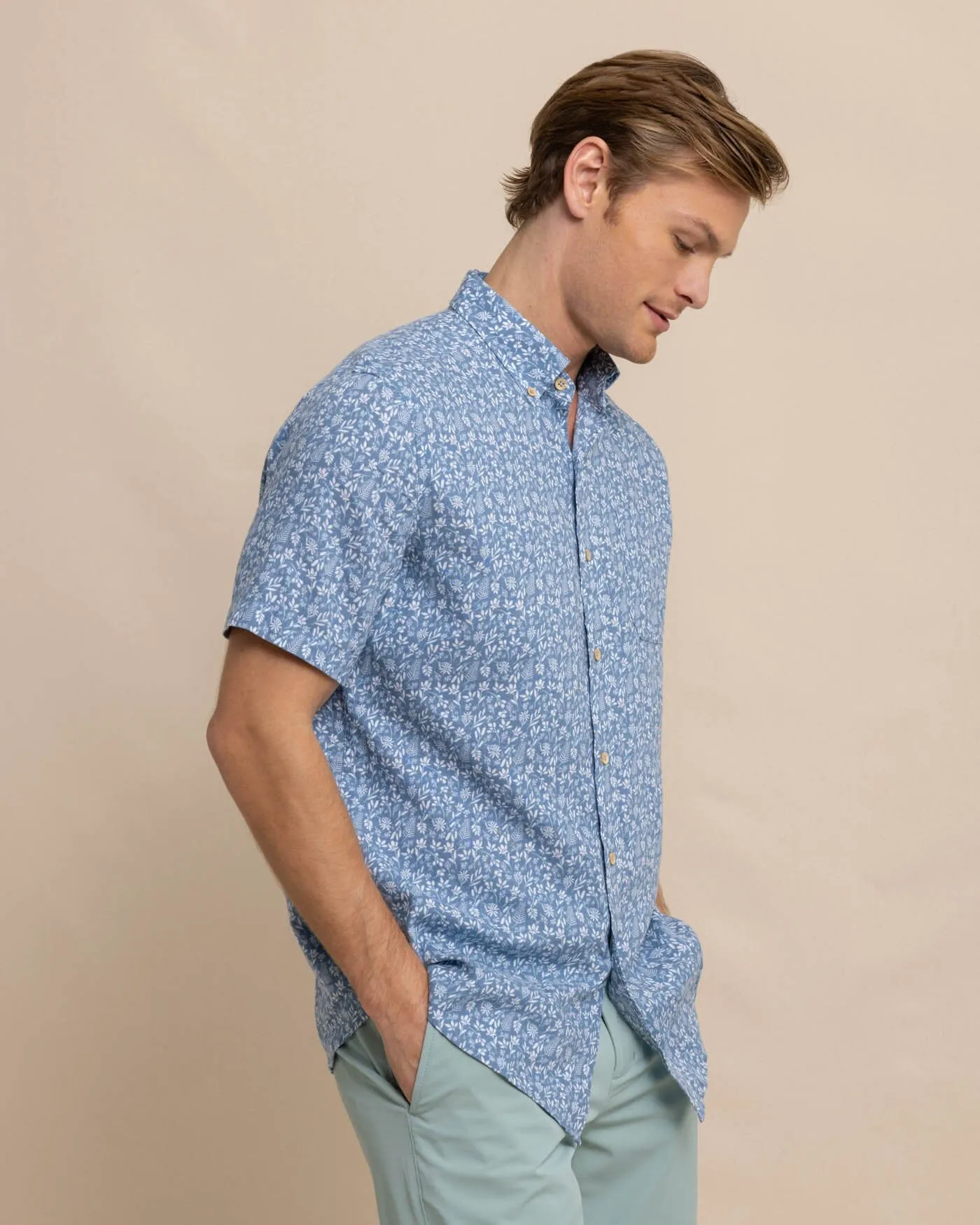 Linen Rayon Ditzy Floral Short Sleeve Sport Shirt