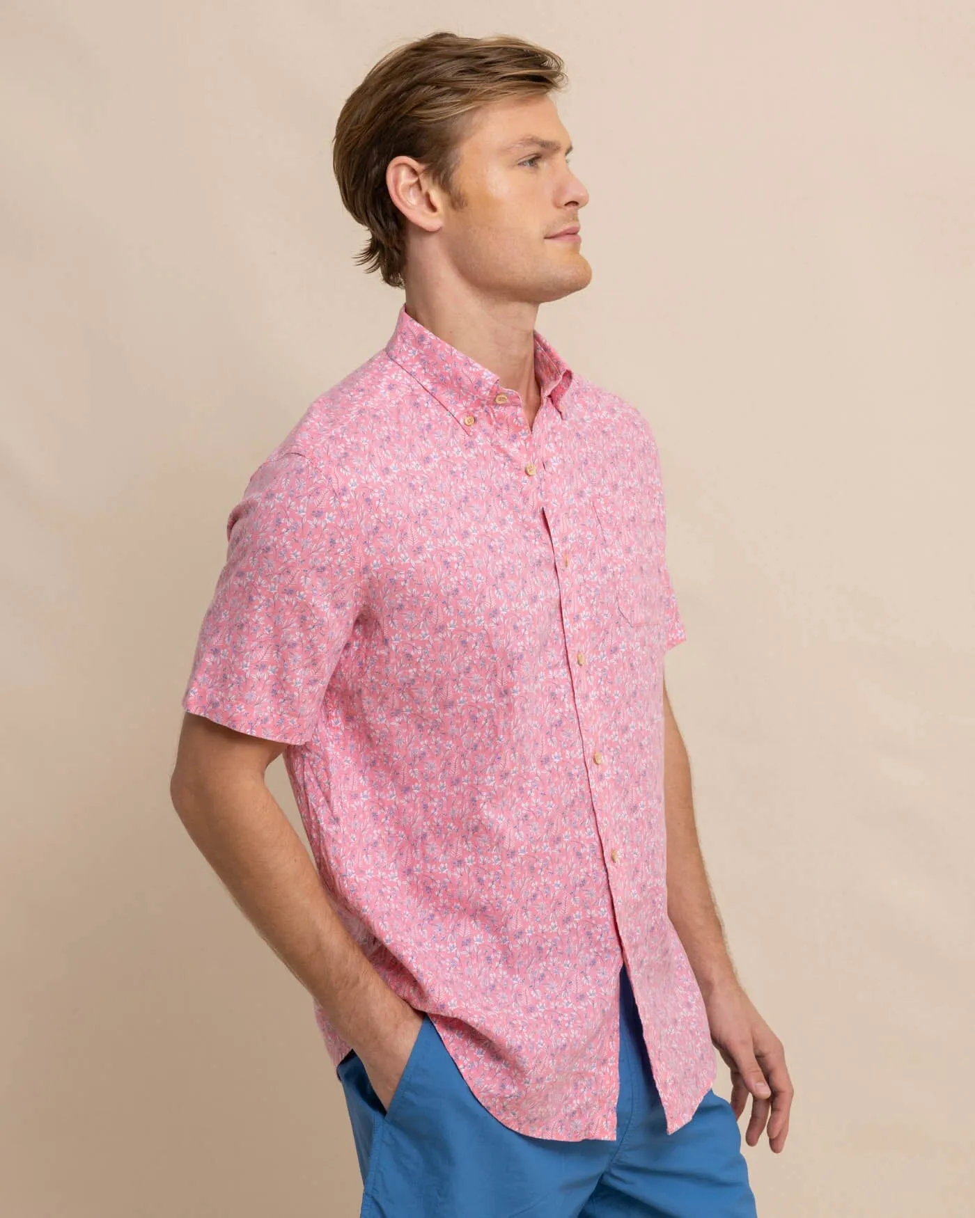 Linen Rayon Ditzy Floral Short Sleeve Sport Shirt