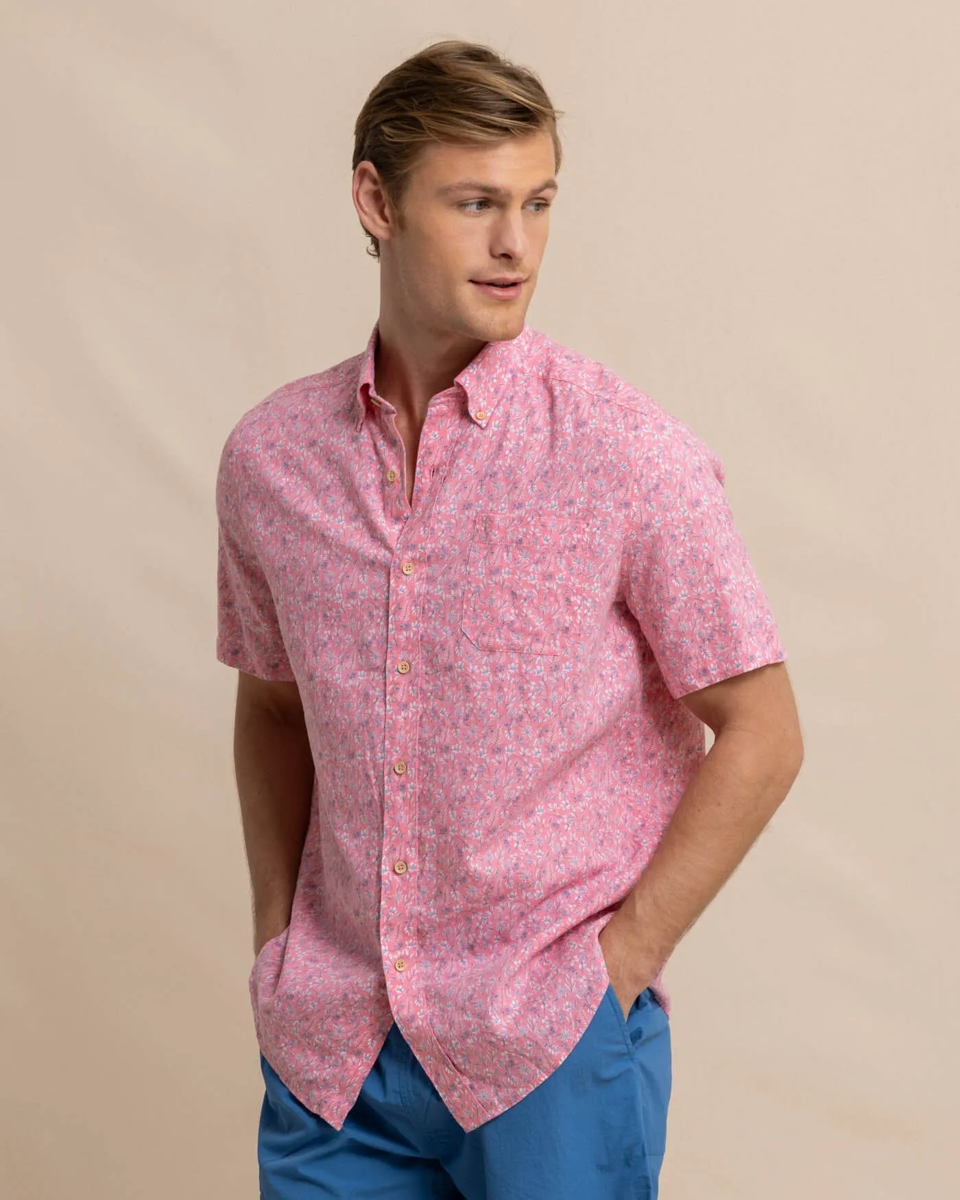 Linen Rayon Ditzy Floral Short Sleeve Sport Shirt