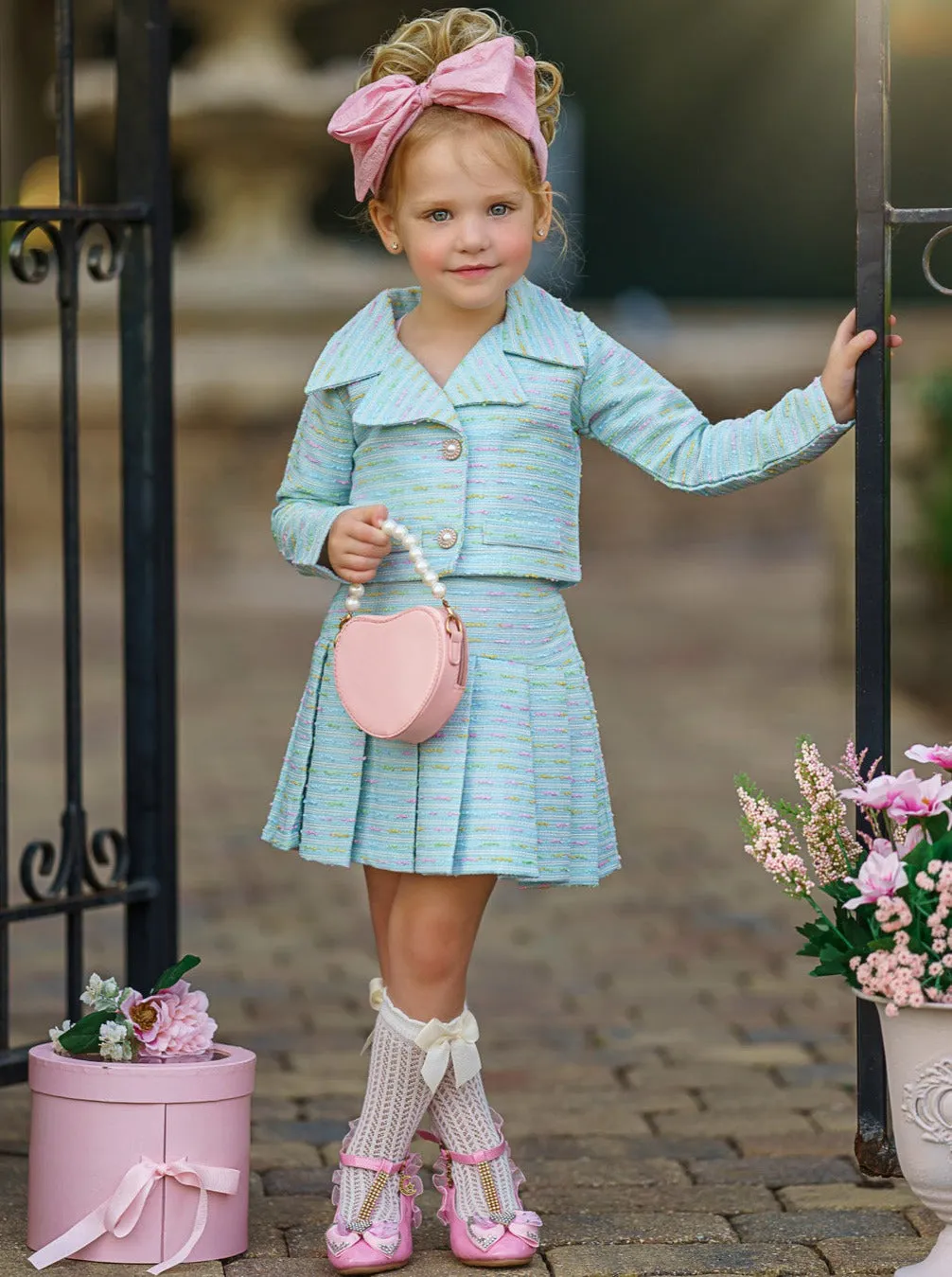 Little Sweetie Tweed Blazer and Pleated Skirt Set