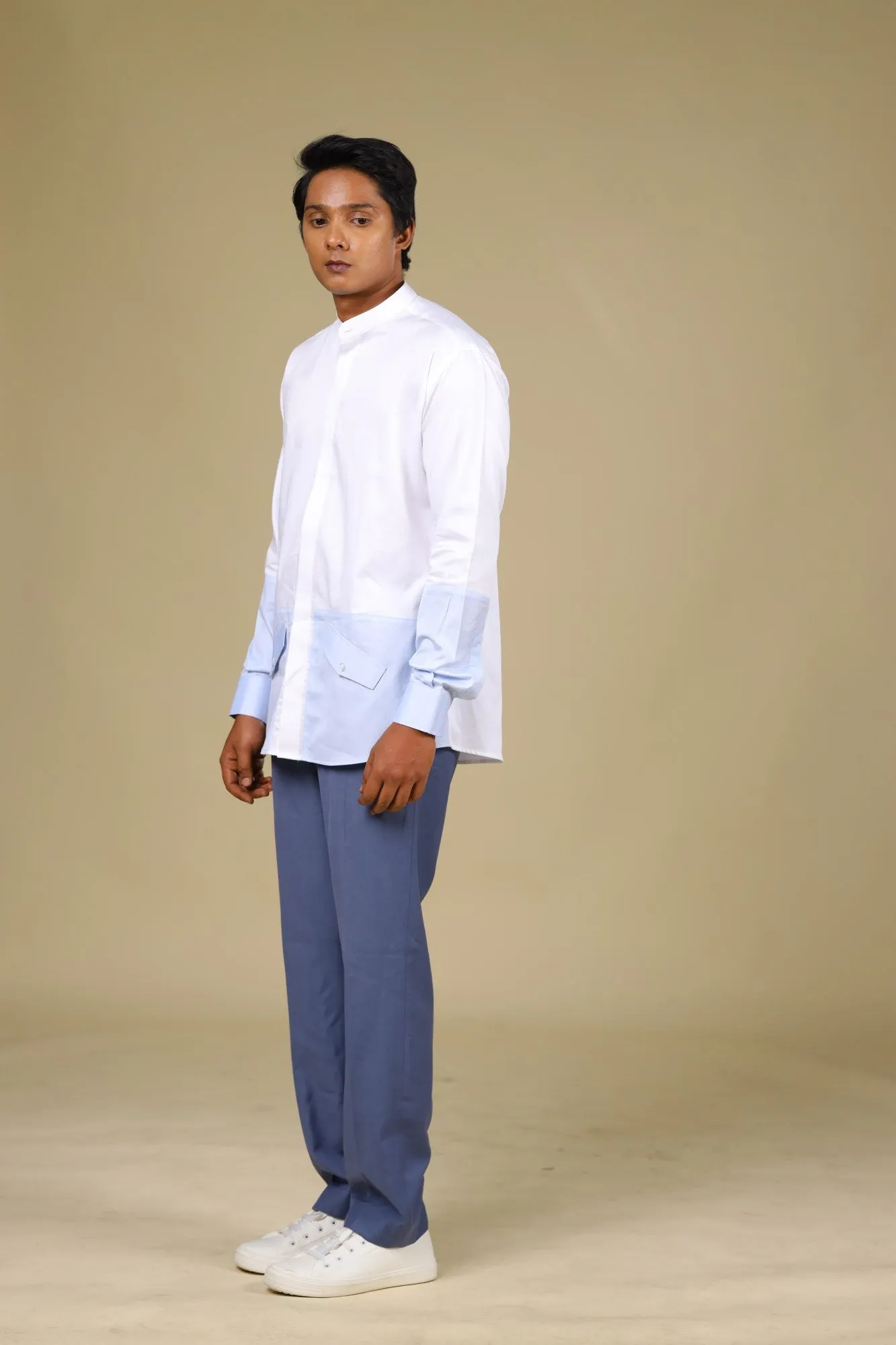 Men's White & Light Blue Color Light Sinum Shirt Full Sleeves Casual Shirt - Hilo Design