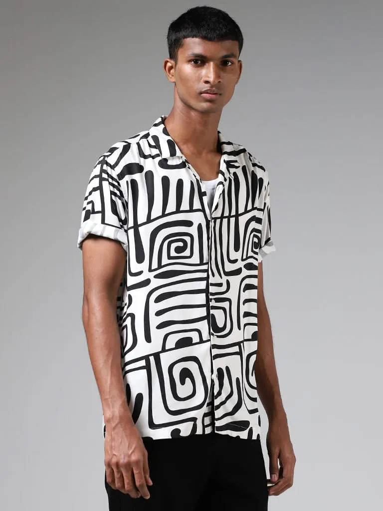 Nuon Off White Abstract Printed Relaxed-Fit Shirt