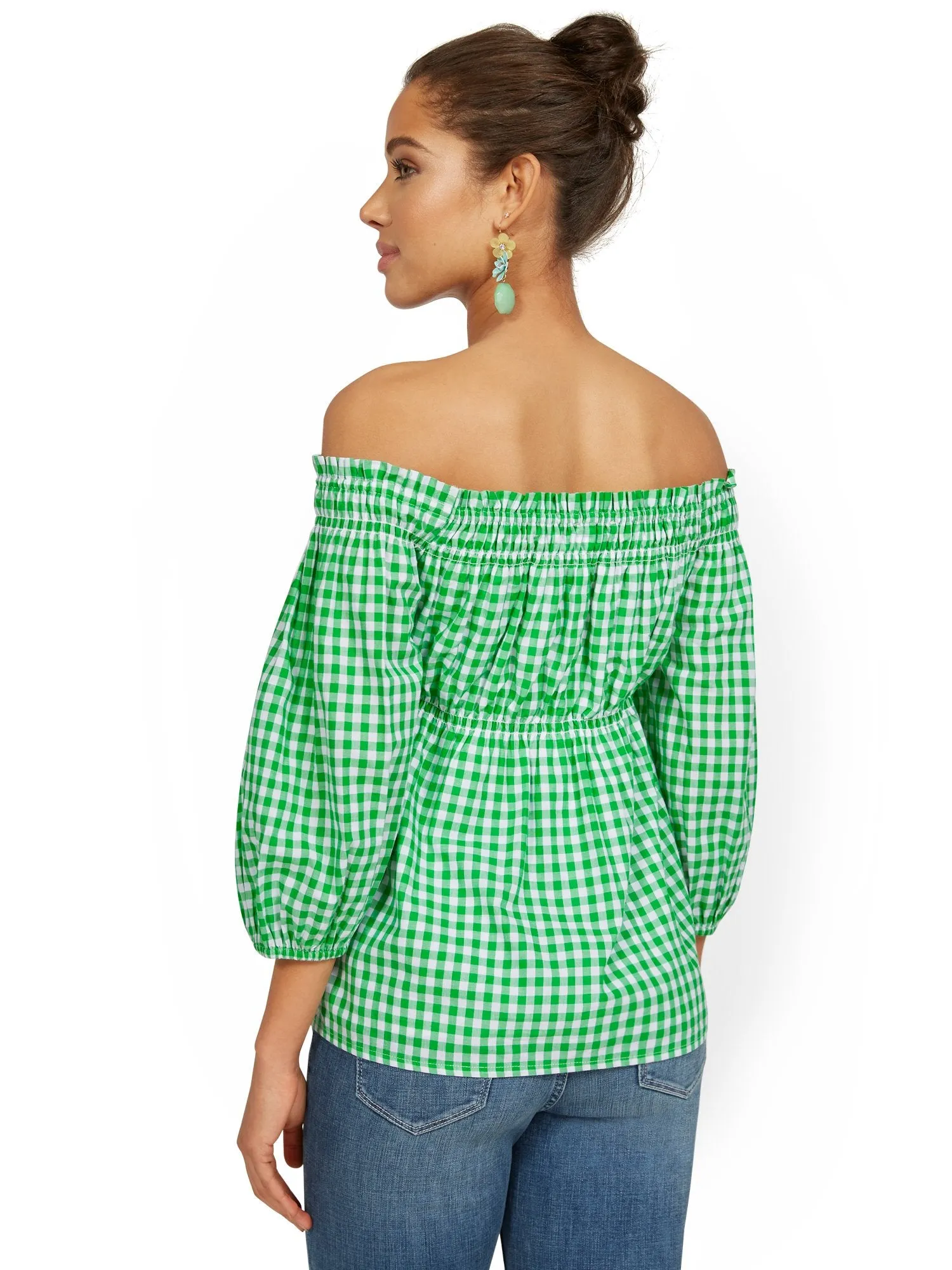 Off-The-Shoulder Smocked Gingham Top