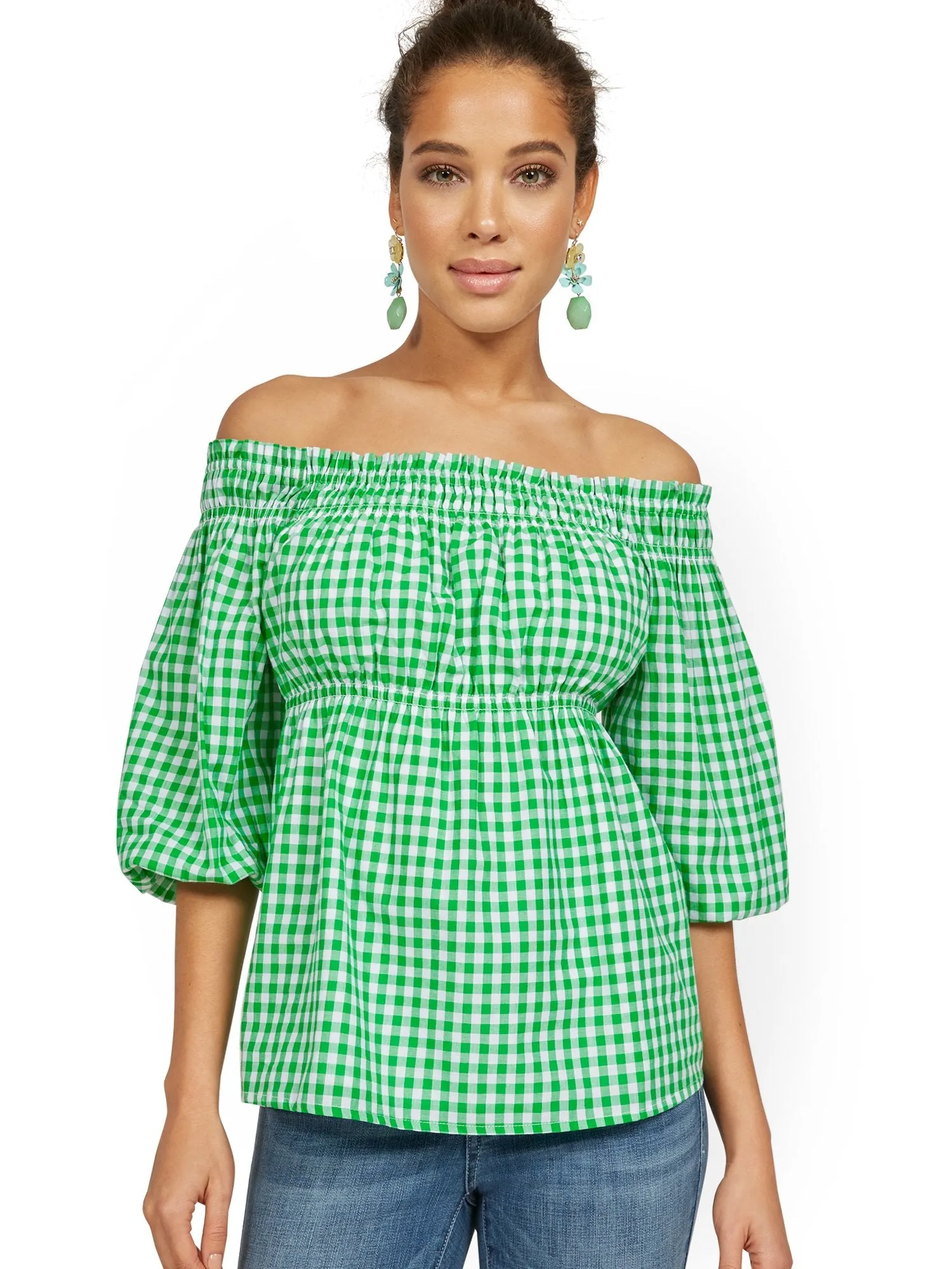 Off-The-Shoulder Smocked Gingham Top