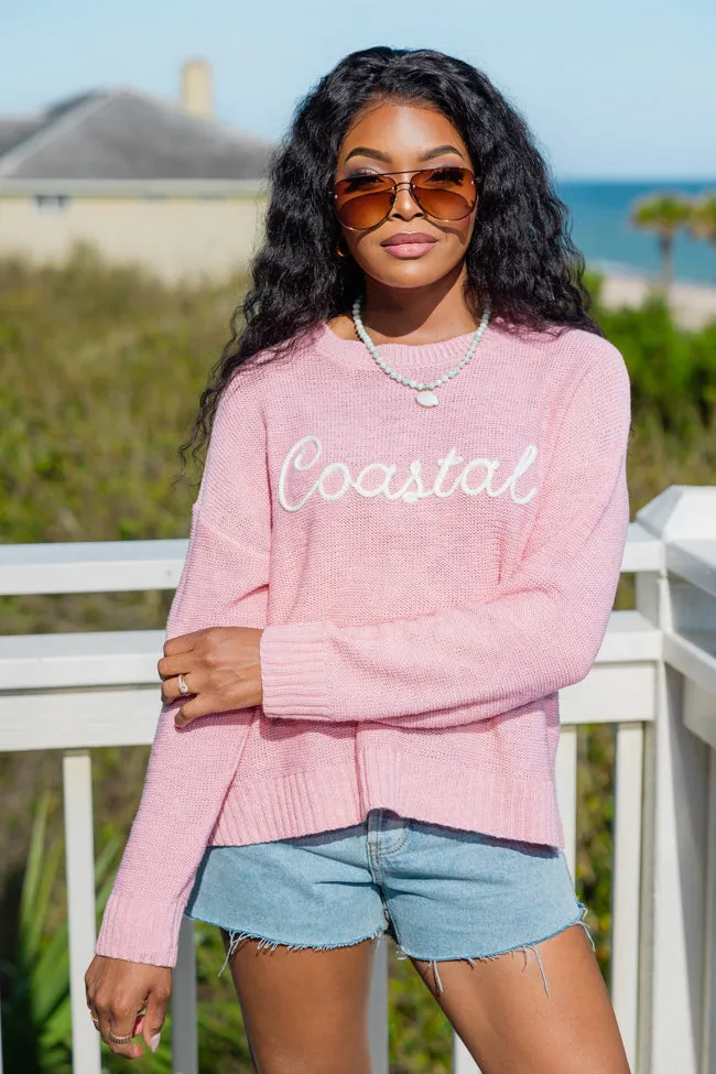 Off To The Beach Pink Coastal Script Sweater