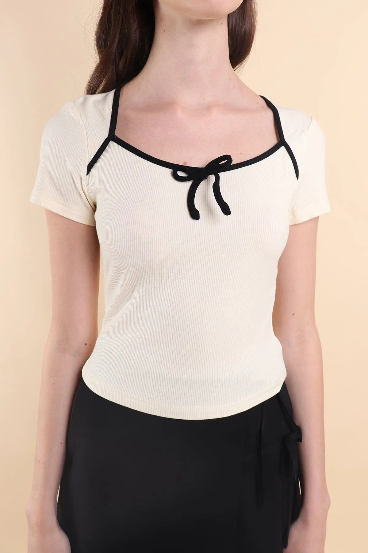 OLLIE RIBBON RIBBED TOP IN CREAM WHITE