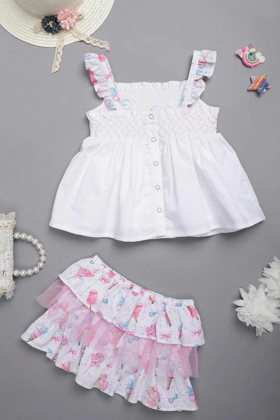 One Friday Baby Girls Off White Colored Candy Top With Skorts