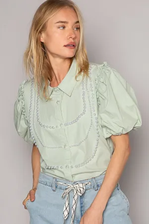 Pearl Detail Button Up Puff Sleeve Shirt