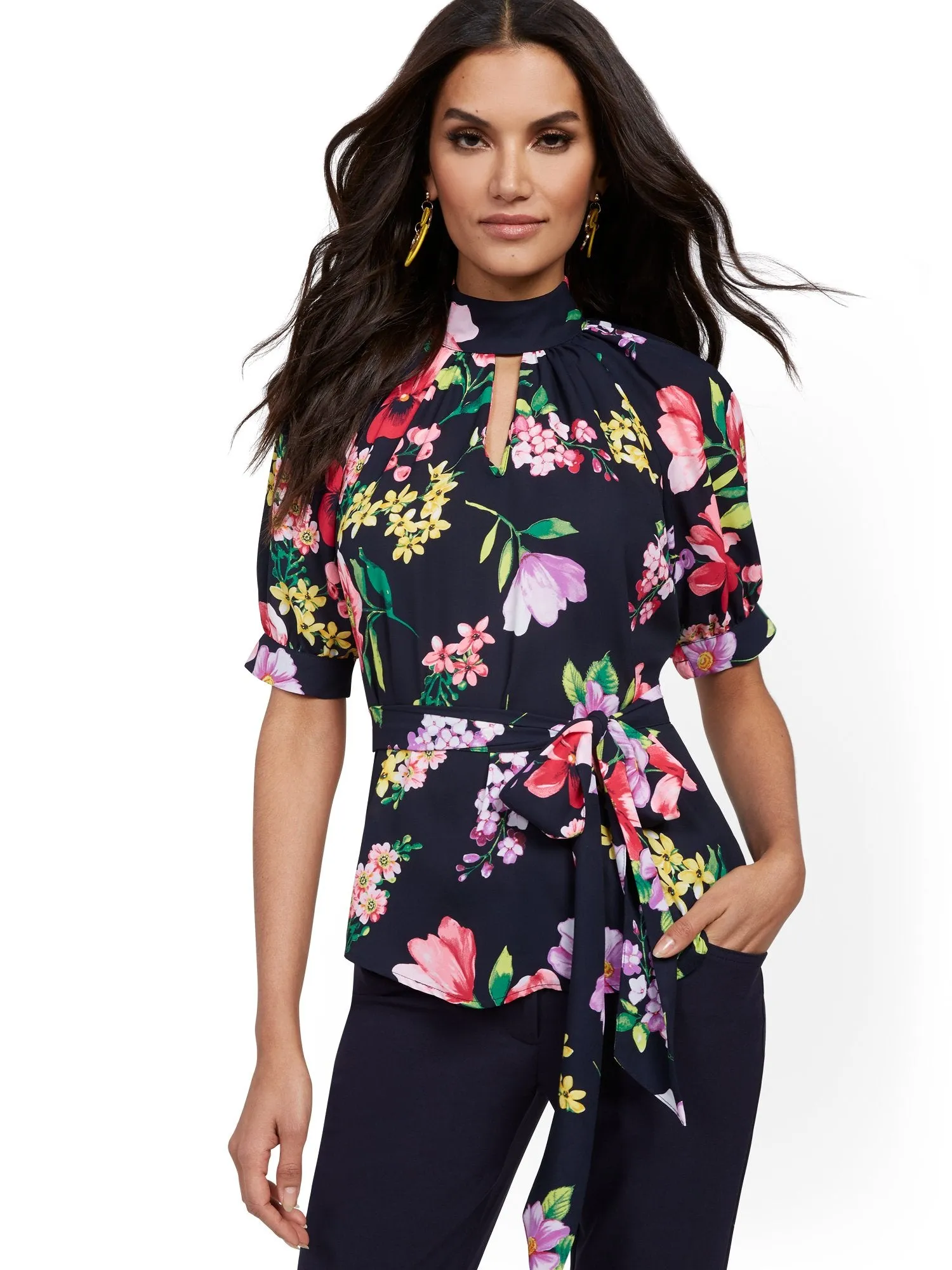 Petite Floral Puff-Sleeve Blouse - 7th Avenue