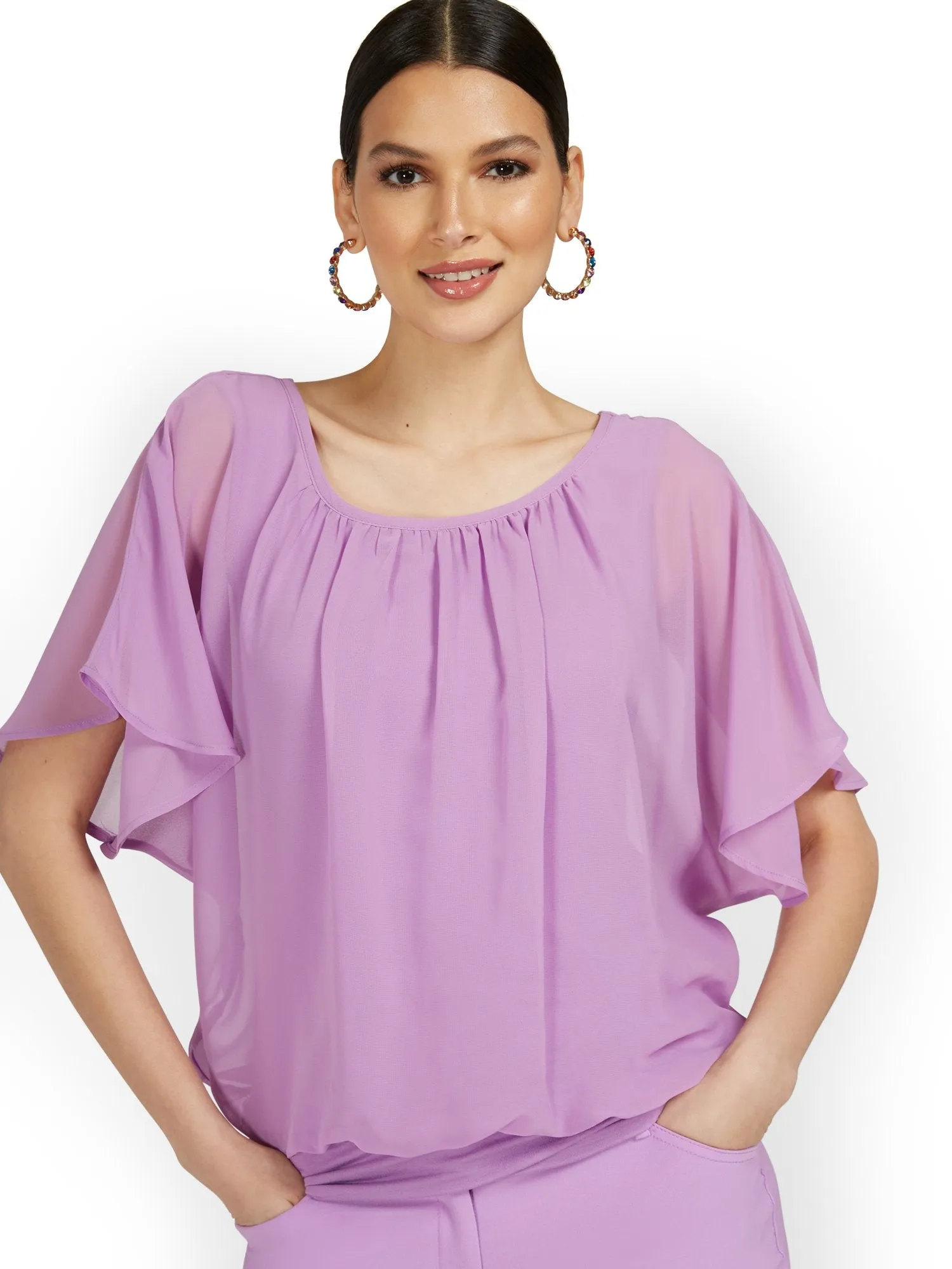 Petite Semi-Sheer Flutter Dolman-Sleeve Top